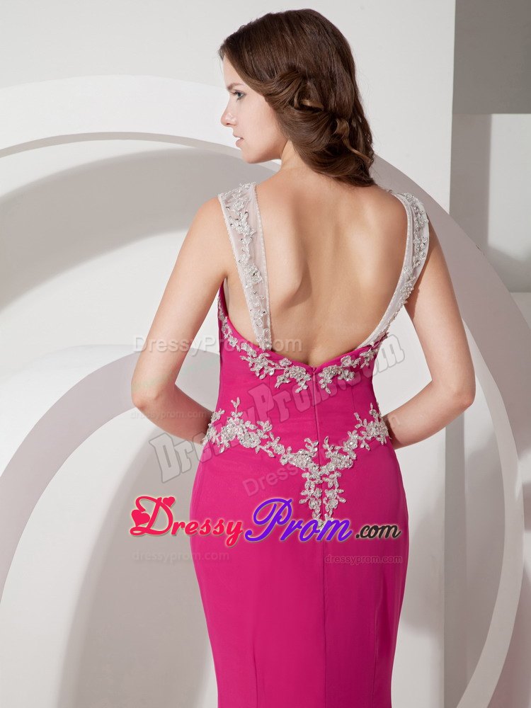 Customize Hot Pink Mermaid Appliques Sweep Chiffon Prom Dresses