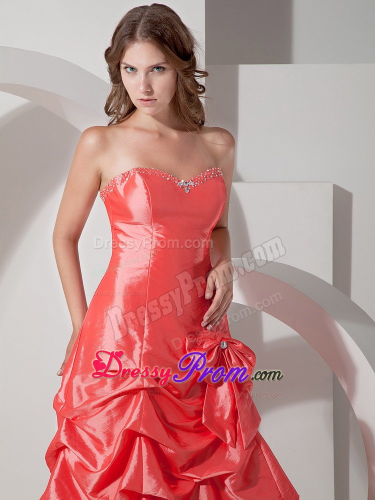 A-line Taffeta Sweetheart Bowknot ruched Prom Dress Brush Train