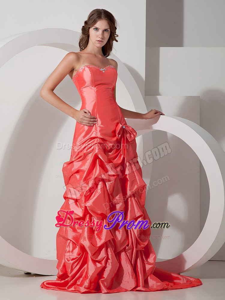 A-line Taffeta Sweetheart Bowknot ruched Prom Dress Brush Train