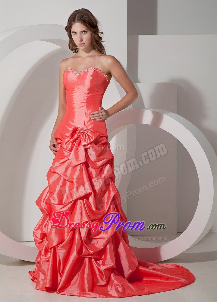 A-line Taffeta Sweetheart Bowknot ruched Prom Dress Brush Train