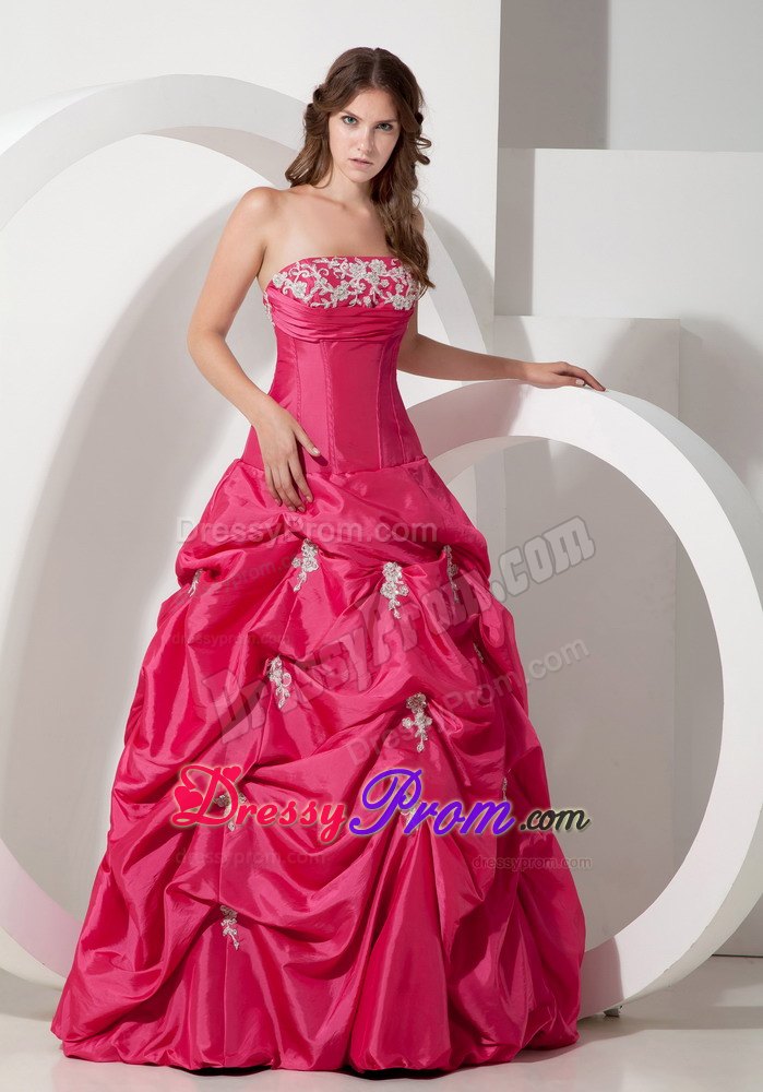 Popular A-line Strapless Appliques Taffeta Prom Dress Pick-ups