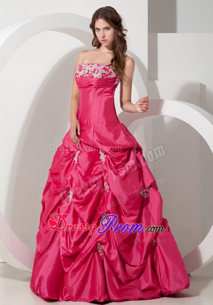 Popular A-line Strapless Appliques Taffeta Prom Dress Pick-ups