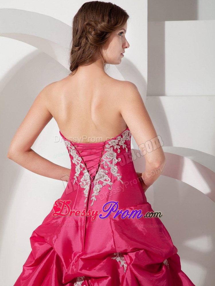 Popular A-line Strapless Appliques Taffeta Prom Dress Pick-ups