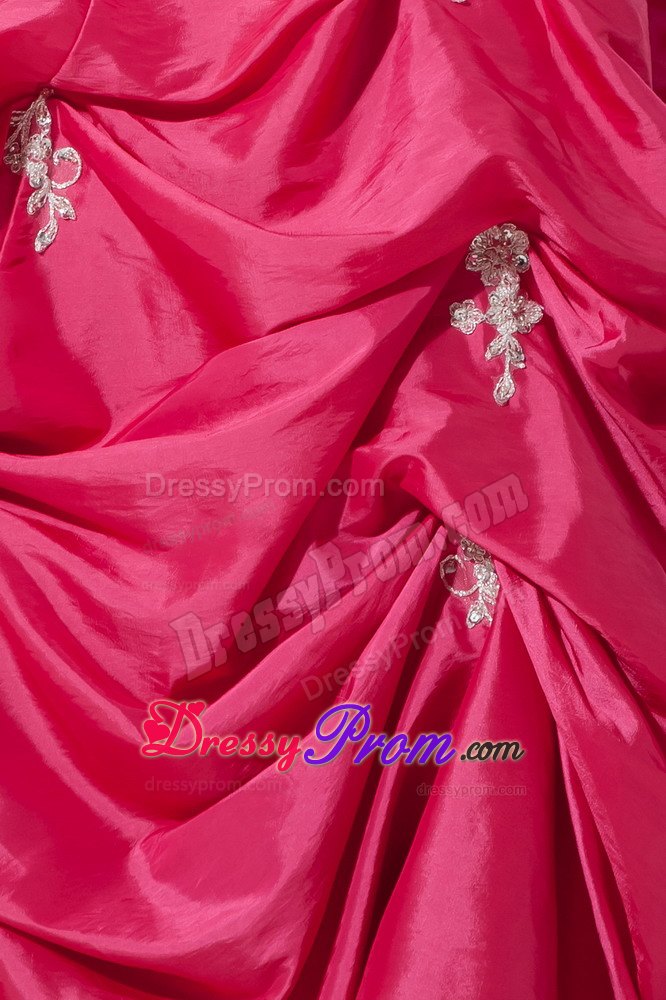 Popular A-line Strapless Appliques Taffeta Prom Dress Pick-ups