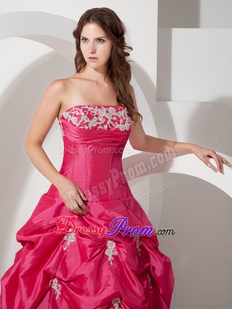 Popular A-line Strapless Appliques Taffeta Prom Dress Pick-ups