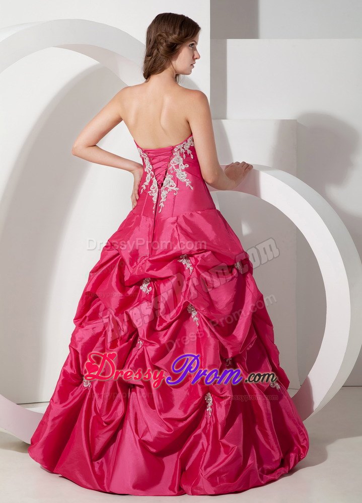 Popular A-line Strapless Appliques Taffeta Prom Dress Pick-ups