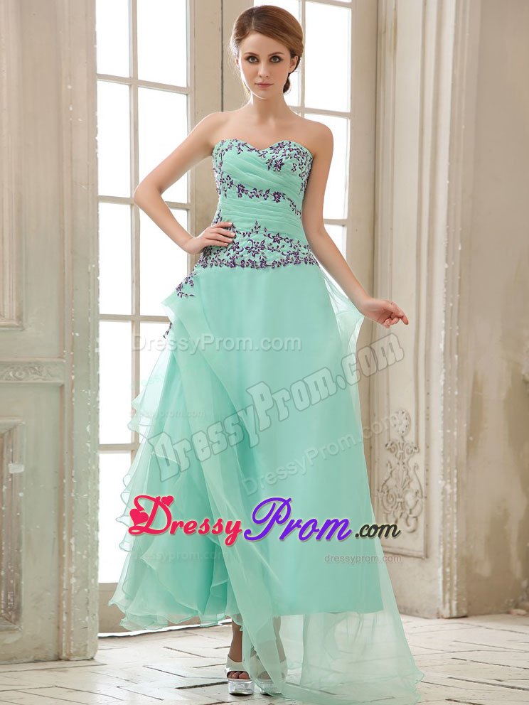 Apple Green Ankle-length Layered Appliques Prom Gowns Ruched