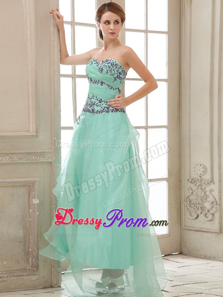 Apple Green Ankle-length Layered Appliques Prom Gowns Ruched