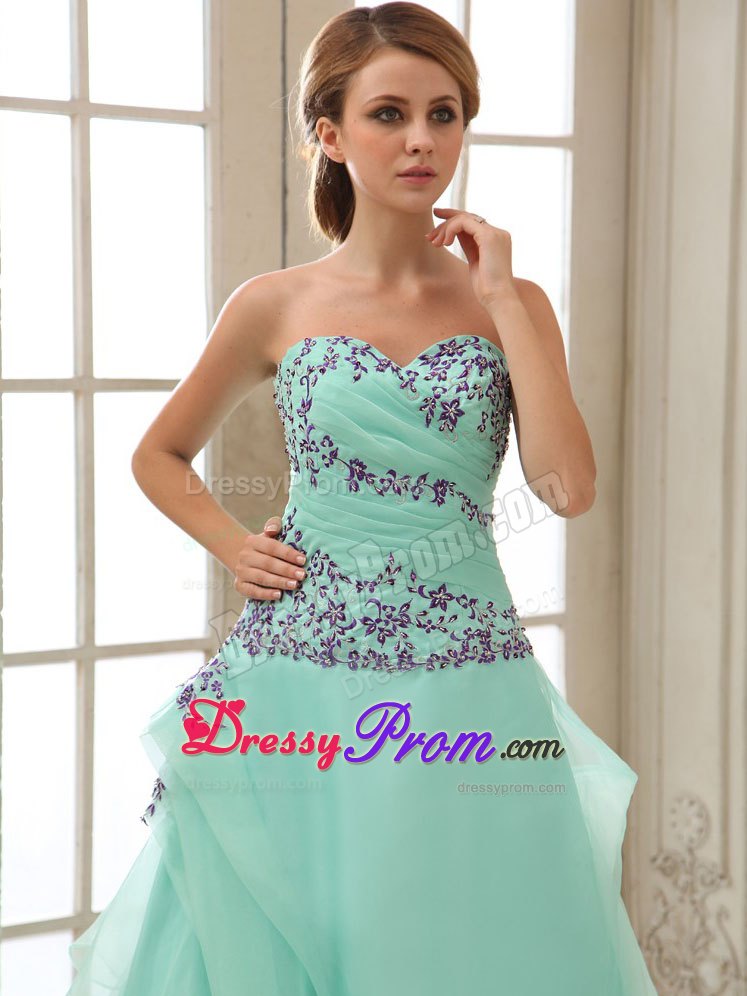 Apple Green Ankle-length Layered Appliques Prom Gowns Ruched