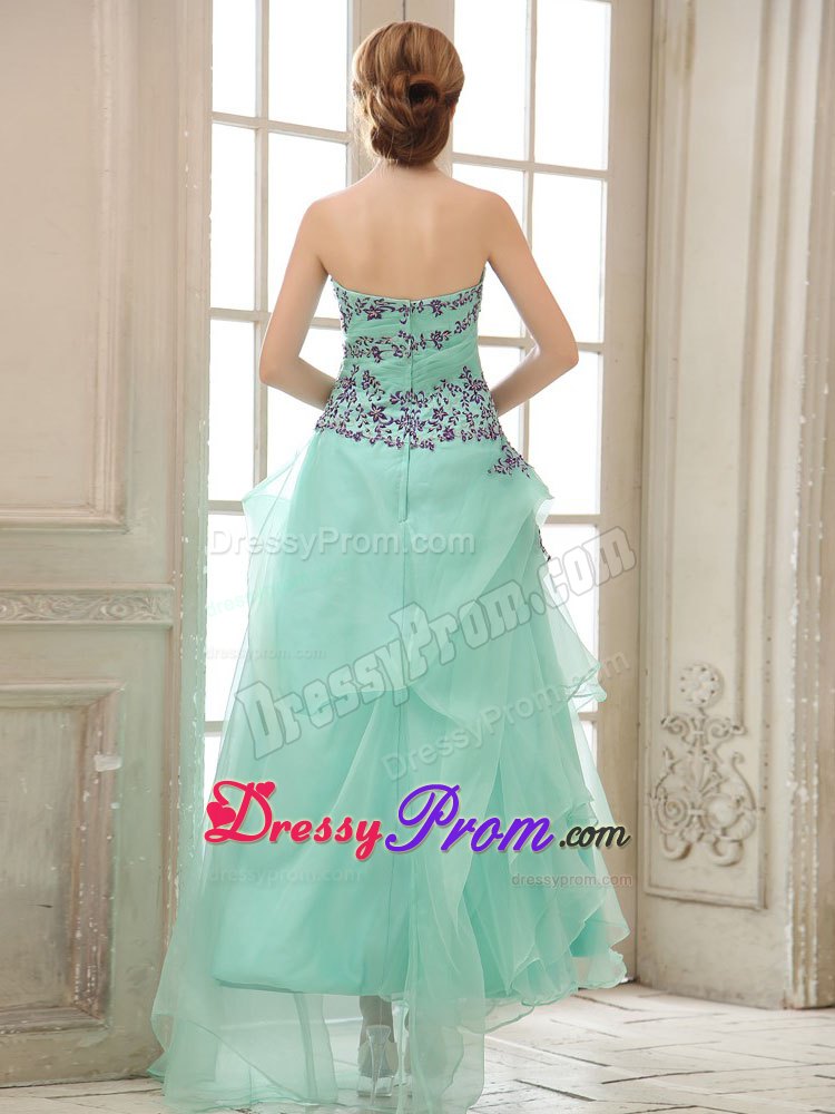 Apple Green Ankle-length Layered Appliques Prom Gowns Ruched