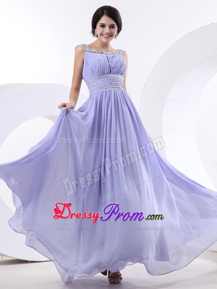 Beaded Bateau Lilac Chiffon Prom Dress with Pleats for Cheap