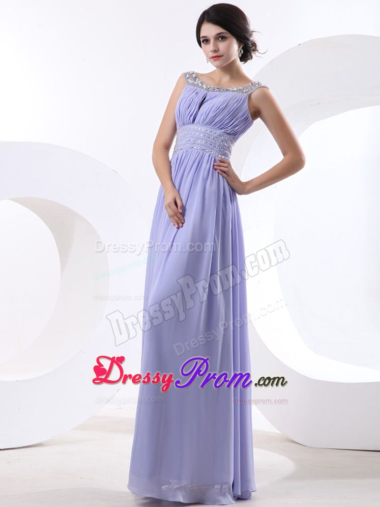 Beaded Bateau Lilac Chiffon Prom Dress with Pleats for Cheap