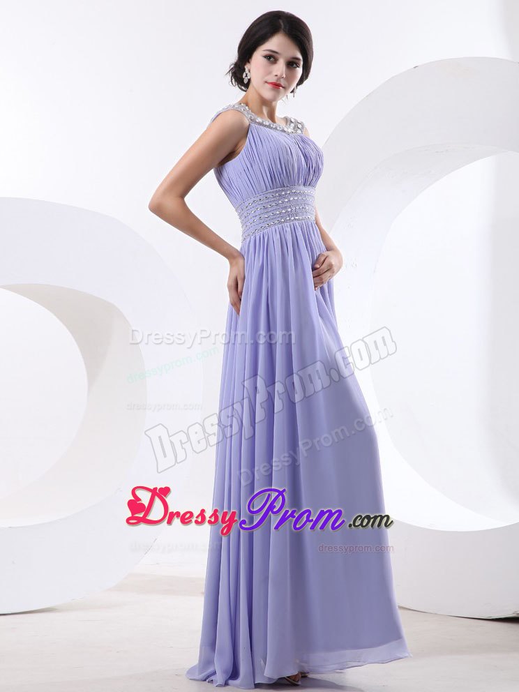 Beaded Bateau Lilac Chiffon Prom Dress with Pleats for Cheap