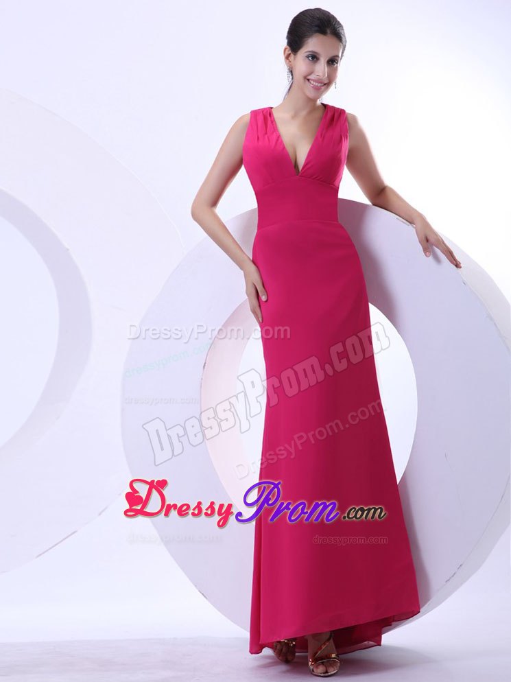 Sexy Prom Dress With Hot Pink V-neck and Ankle-length