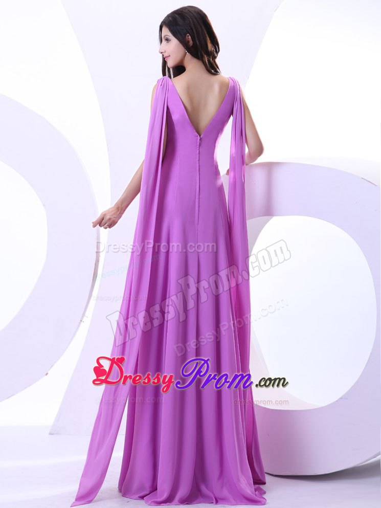 Watteau Trains Lavender Prom Dress With V-shape Open Back