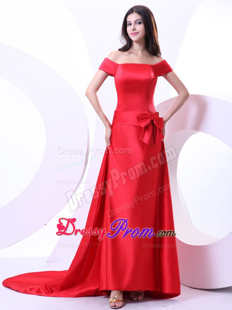 Off The Shoulder Red Prom Dresses With Bowknot and Brush Train
