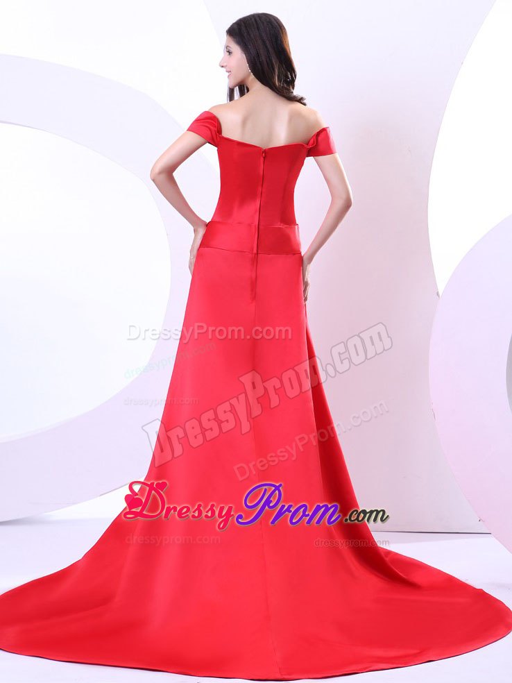 Off The Shoulder Red Prom Dresses With Bowknot and Brush Train