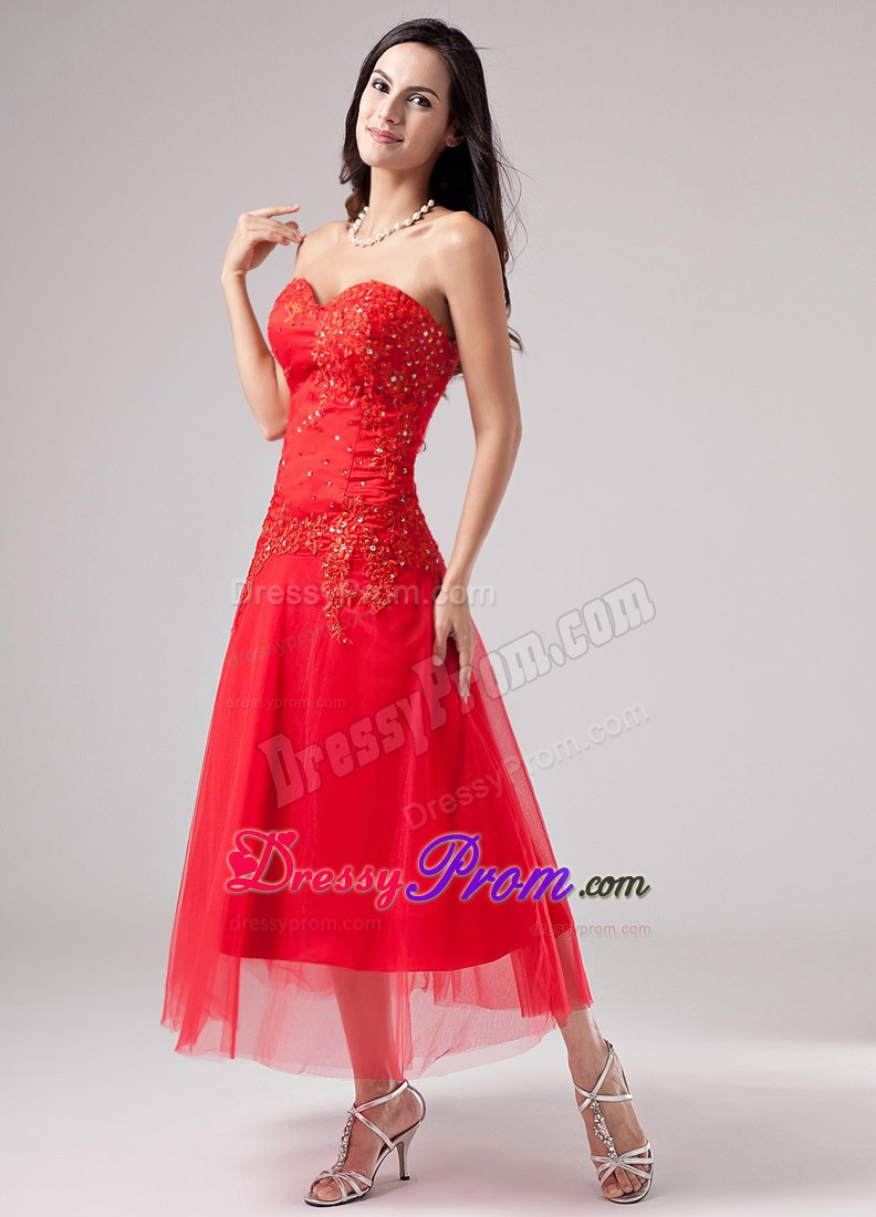 Red Sweetheart Tulle Prom Dress With Appliques Beaded under 150