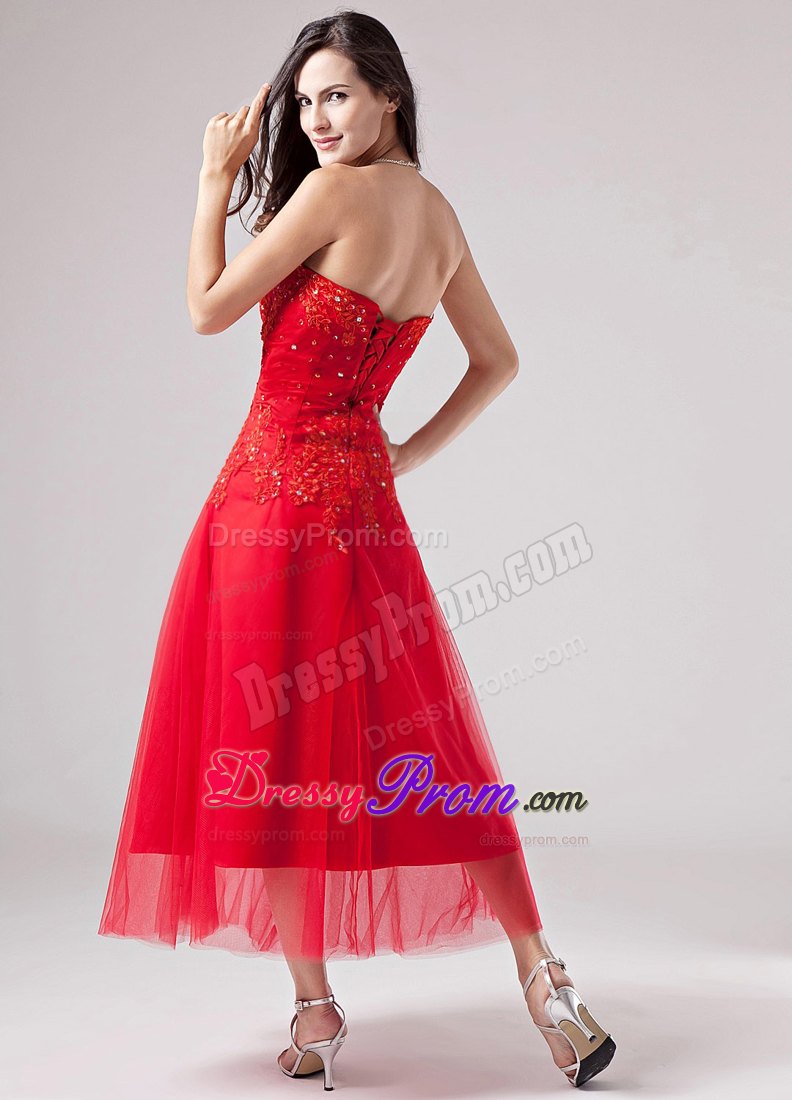 Red Sweetheart Tulle Prom Dress With Appliques Beaded under 150