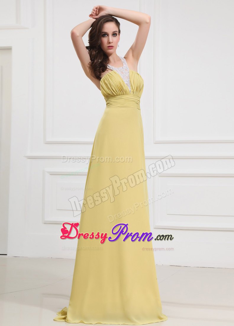 Halter Column Prom Dress Chiffon Floor-length Yellow Criss Cross
