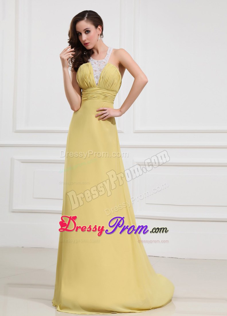 Halter Column Prom Dress Chiffon Floor-length Yellow Criss Cross