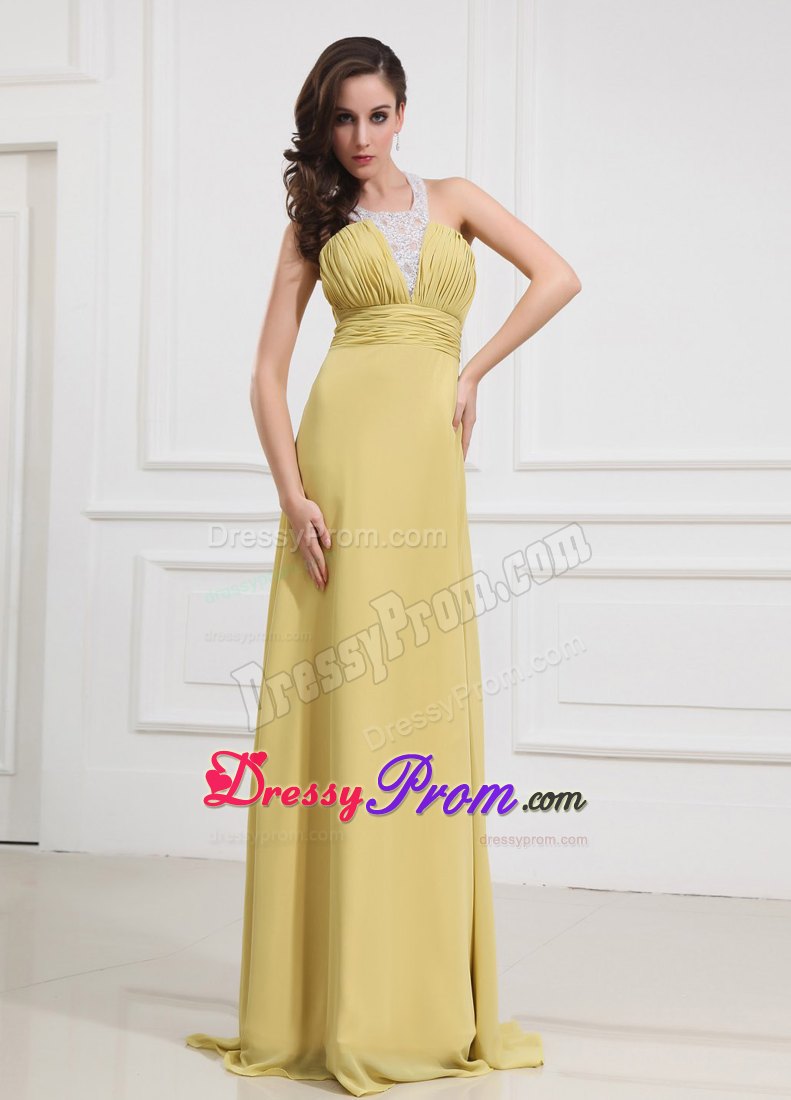 Halter Column Prom Dress Chiffon Floor-length Yellow Criss Cross