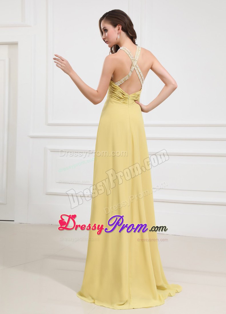 Halter Column Prom Dress Chiffon Floor-length Yellow Criss Cross
