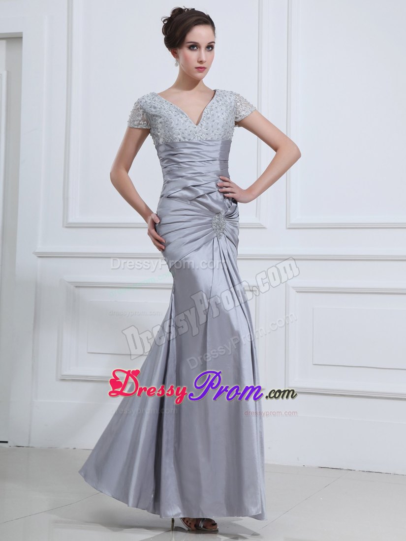 Ankle-length Mermaid Grey Beaded Prom Dress with Short Sleeves