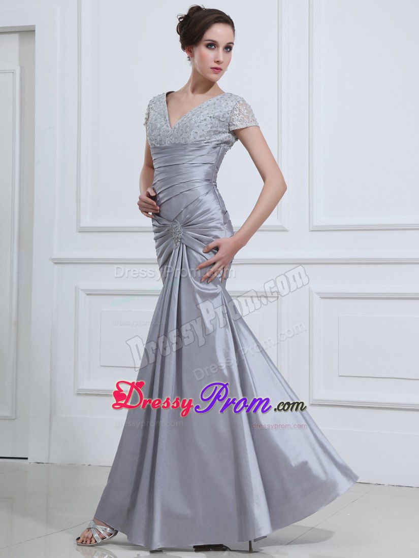 Ankle-length Mermaid Grey Beaded Prom Dress with Short Sleeves