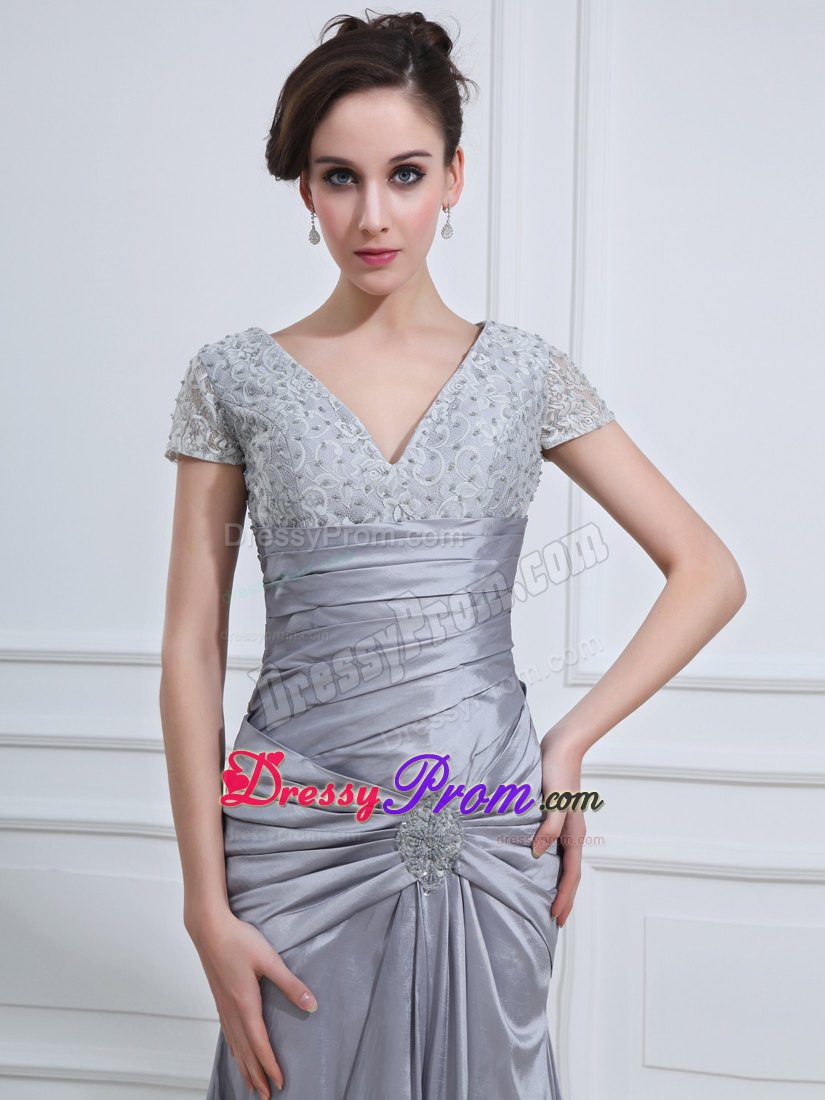 Ankle-length Mermaid Grey Beaded Prom Dress with Short Sleeves