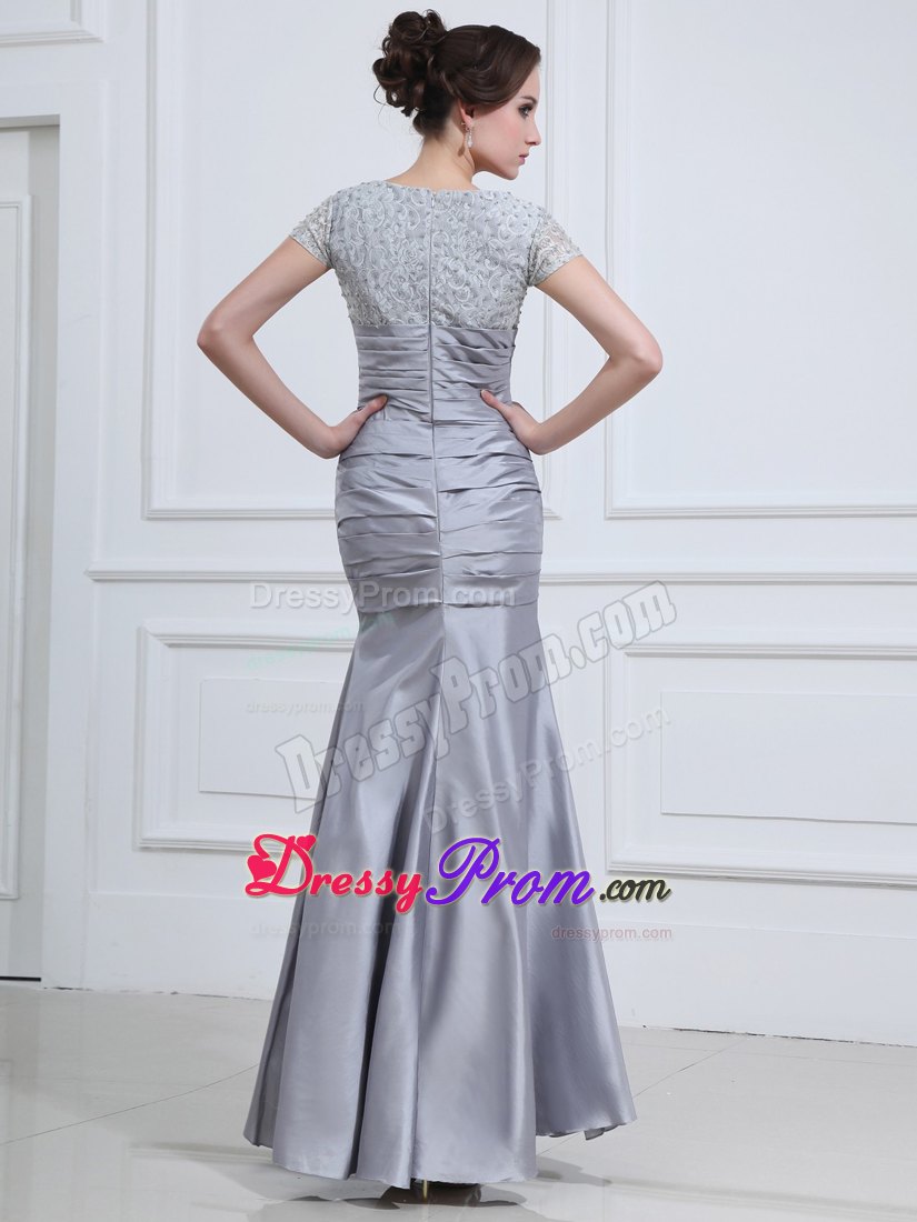 Ankle-length Mermaid Grey Beaded Prom Dress with Short Sleeves