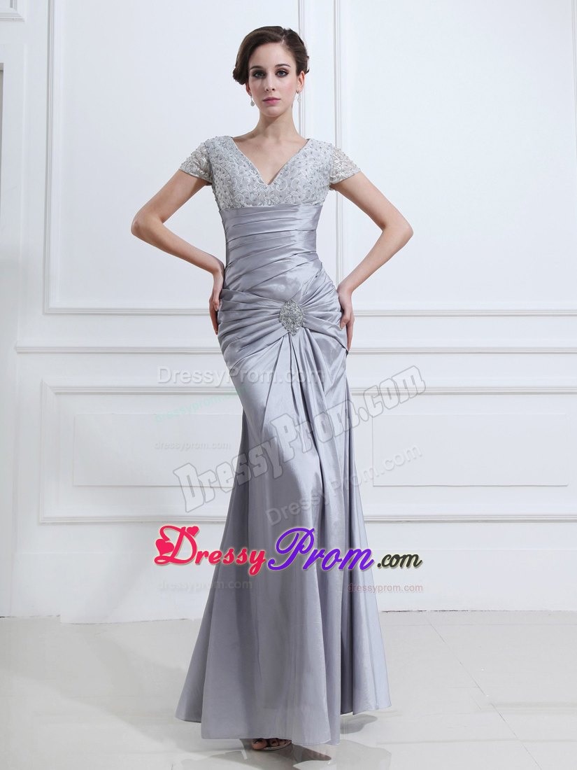Ankle-length Mermaid Grey Beaded Prom Dress with Short Sleeves