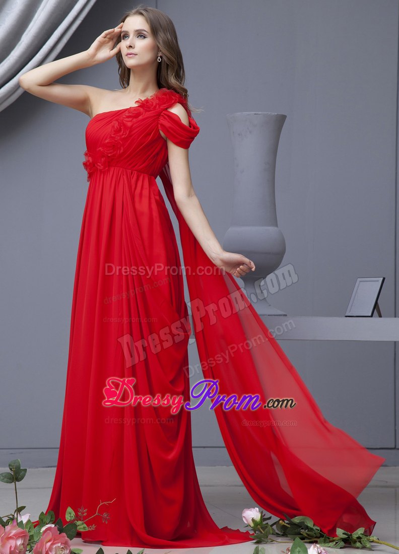 Red Prom Dress With One Shoulder Watteau Train Chiffon