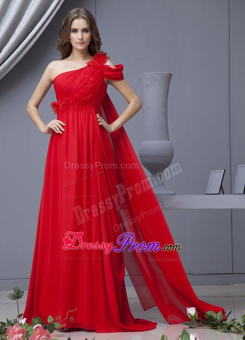 Red Prom Dress With One Shoulder Watteau Train Chiffon