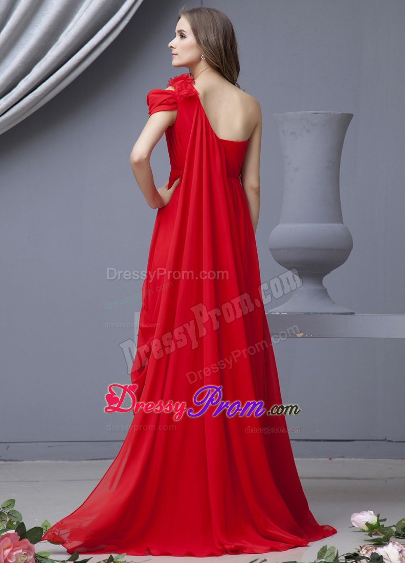 Red Prom Dress With One Shoulder Watteau Train Chiffon