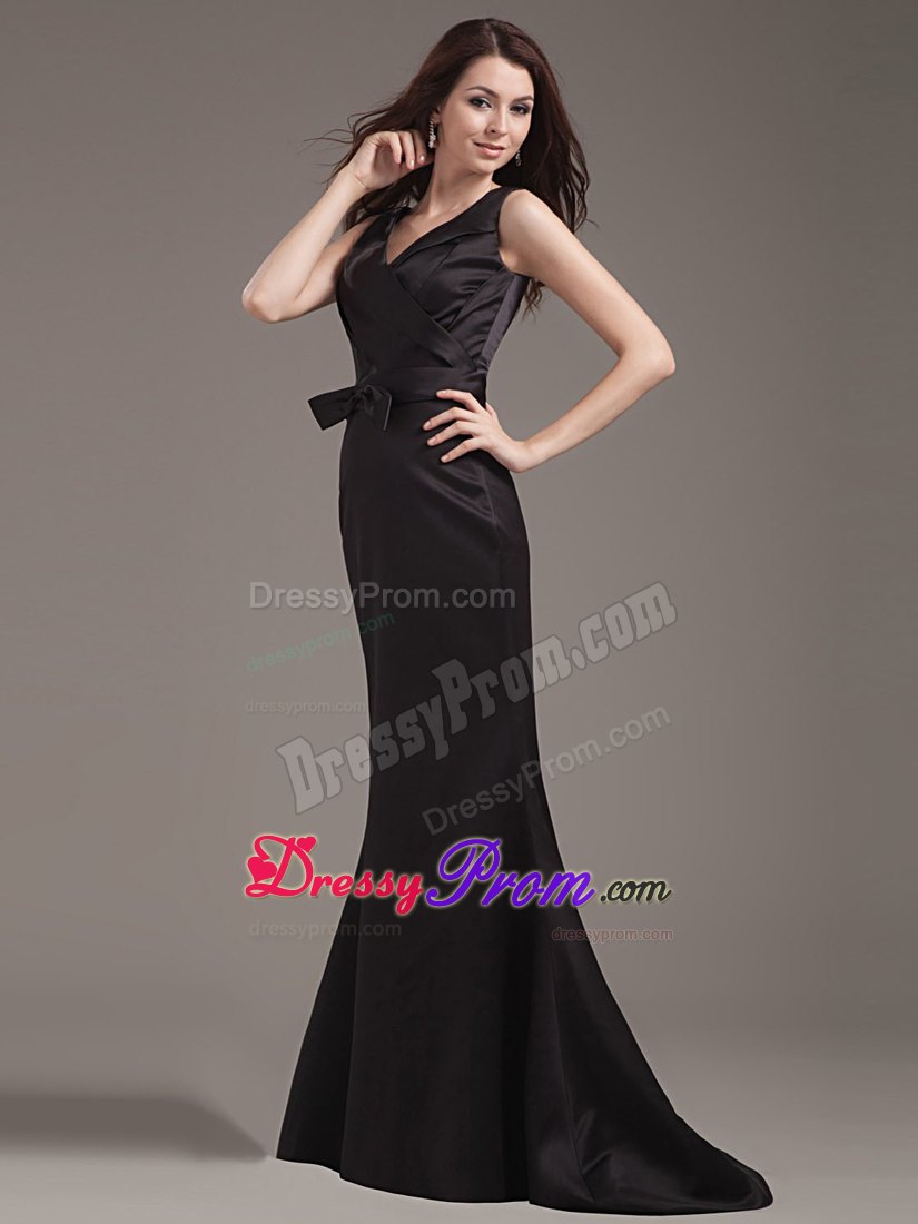 2014 PopularBlack V-neck Mermaid Prom Dress with Bow