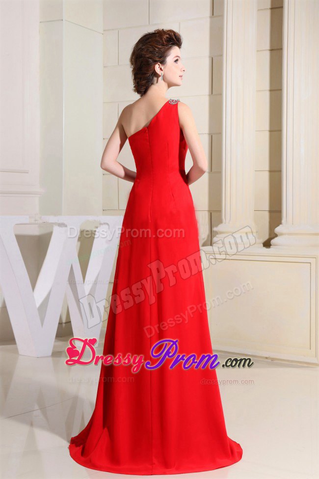 Red One Shoulder Slit and Beading Decorate Floor-length Prom Dress