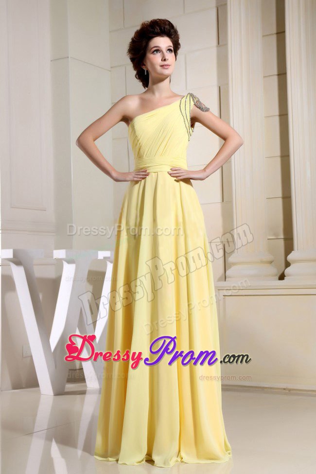 Beaded Decorate One Shoulder Yellow Simple Prom Dress