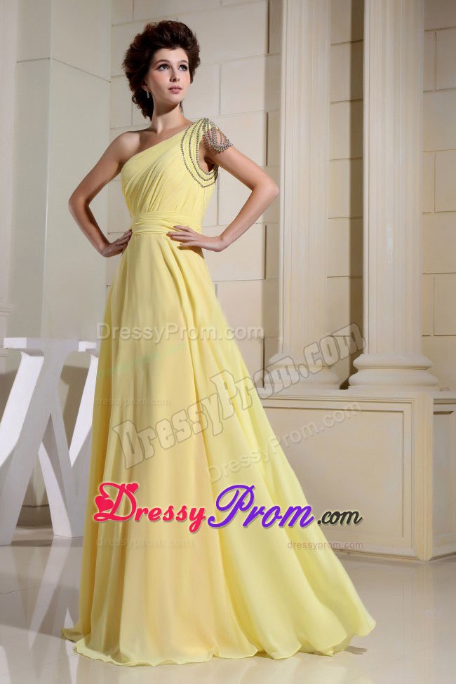 Beaded Decorate One Shoulder Yellow Simple Prom Dress