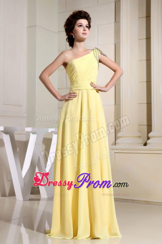 Beaded Decorate One Shoulder Yellow Simple Prom Dress