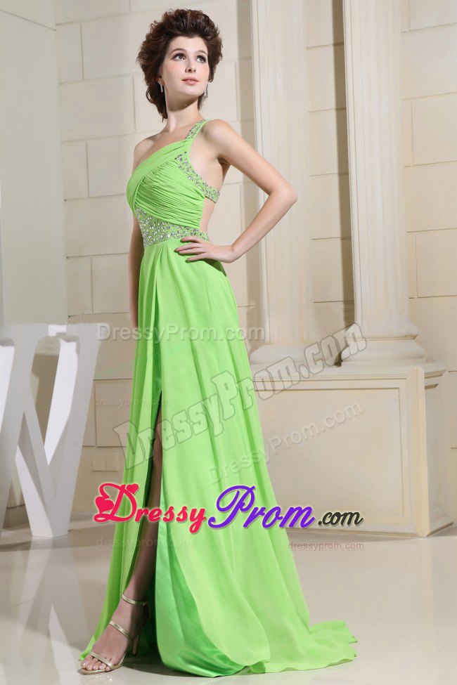 Spring Green One Shoulder Slit Ruch and Beading Decorate prom Dress