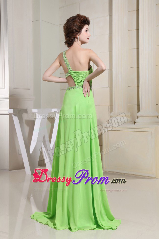 Spring Green One Shoulder Slit Ruch and Beading Decorate prom Dress