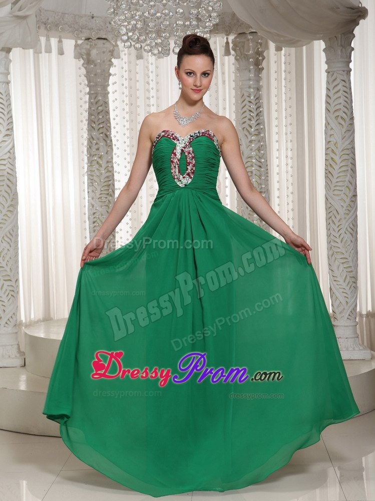 Green Sweetheart Chiffon Prom Dress With Ruched Beading Bodice