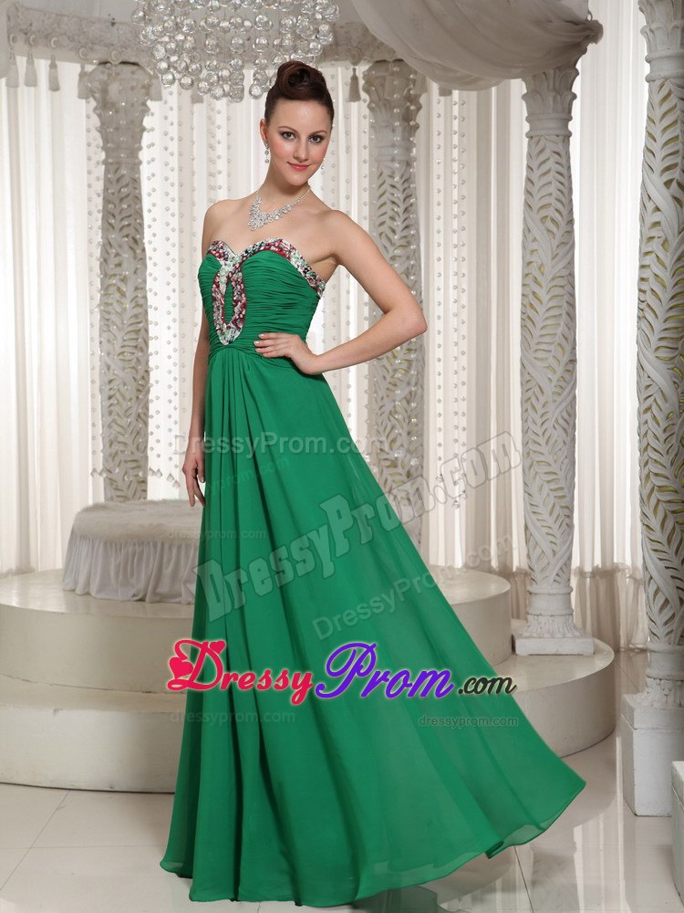 Green Sweetheart Chiffon Prom Dress With Ruched Beading Bodice