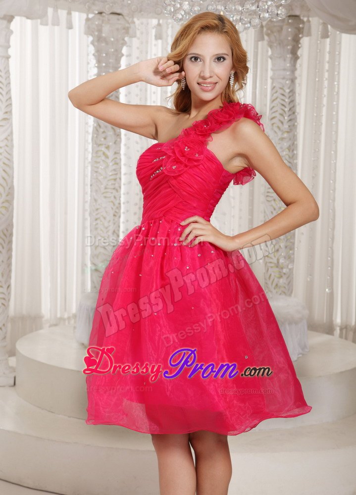 Hand Made Flowers Coral Red One Shoulder Plus Size Prom Dress