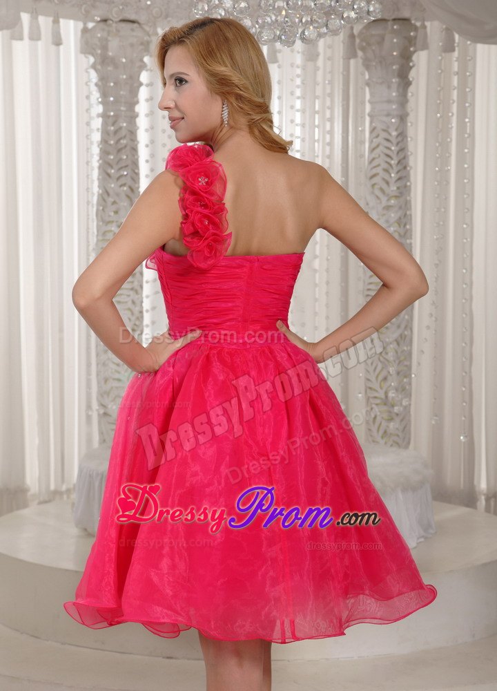Hand Made Flowers Coral Red One Shoulder Plus Size Prom Dress
