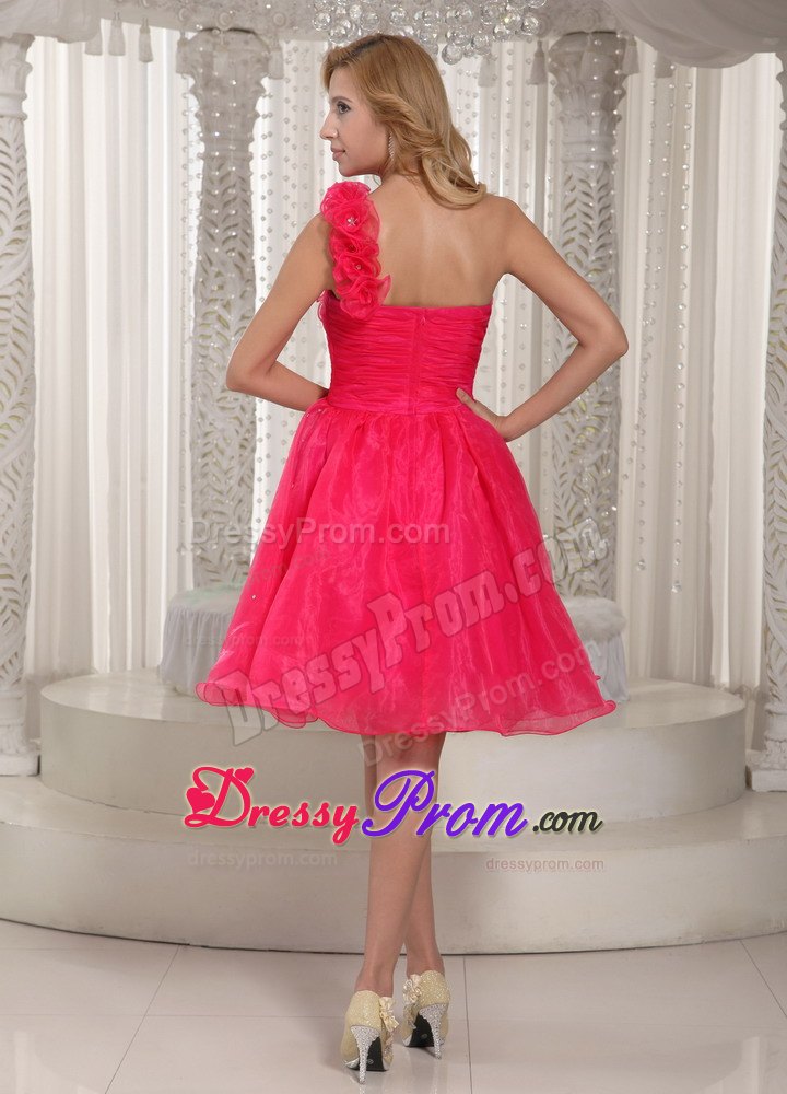 Hand Made Flowers Coral Red One Shoulder Plus Size Prom Dress