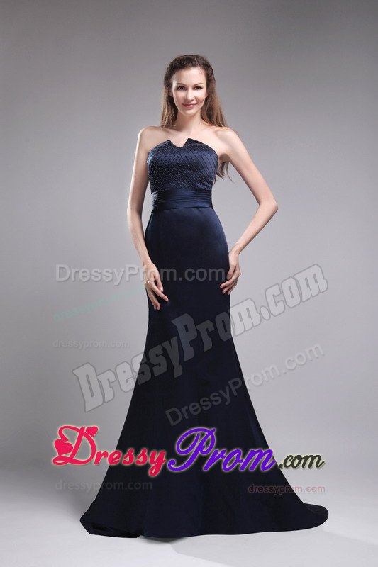 Cheap Strapless Brush Train Satin Beading Navy Blue Prom Dresses