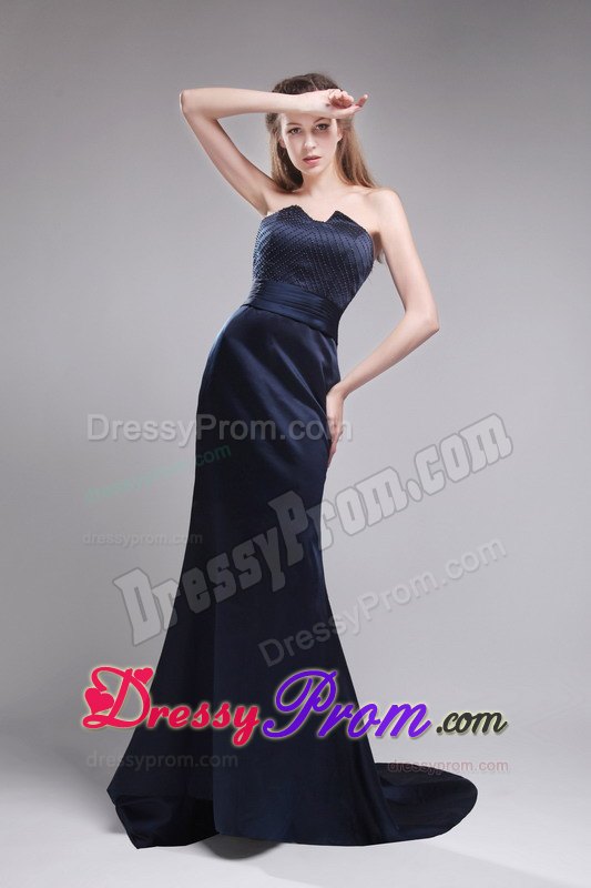 Cheap Strapless Brush Train Satin Beading Navy Blue Prom Dresses