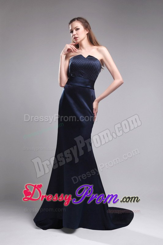 Cheap Strapless Brush Train Satin Beading Navy Blue Prom Dresses